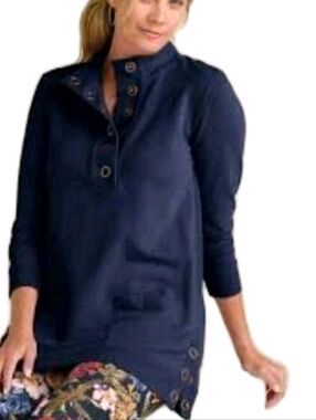 Soft Surroundings Navy Long-Sleeve Tunic with Snap Trim and Pockets